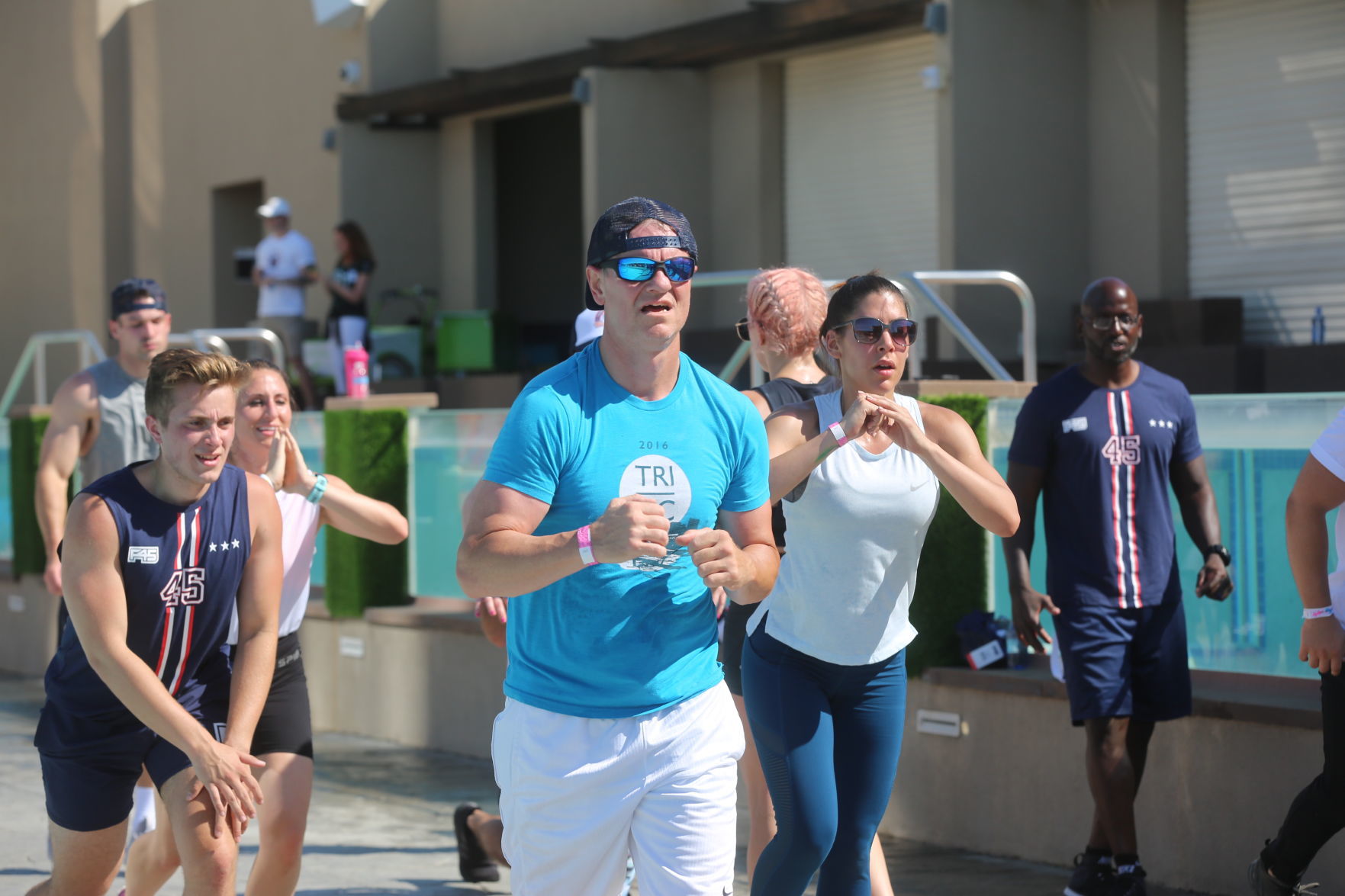 Actor Mark Wahlberg helps to lead a F45 track workout at Ocean Casino Resort in Atlantic City as part of the casino's one-year anniversary Saturday, June 22, 2019.